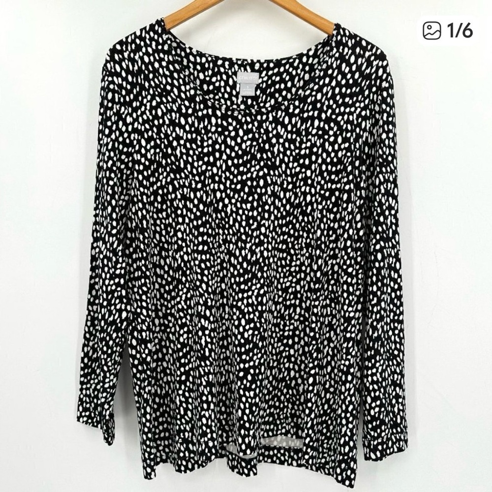Chico's Black White Speckled Jersey Knit Boat Neck Long Sleeve XL Relaxed Top